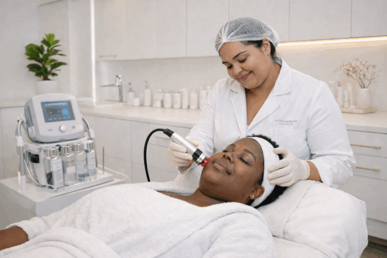 Técnica em estética realizando procedimento facial para tratamento de manchas na pele em clínica estética moderna.