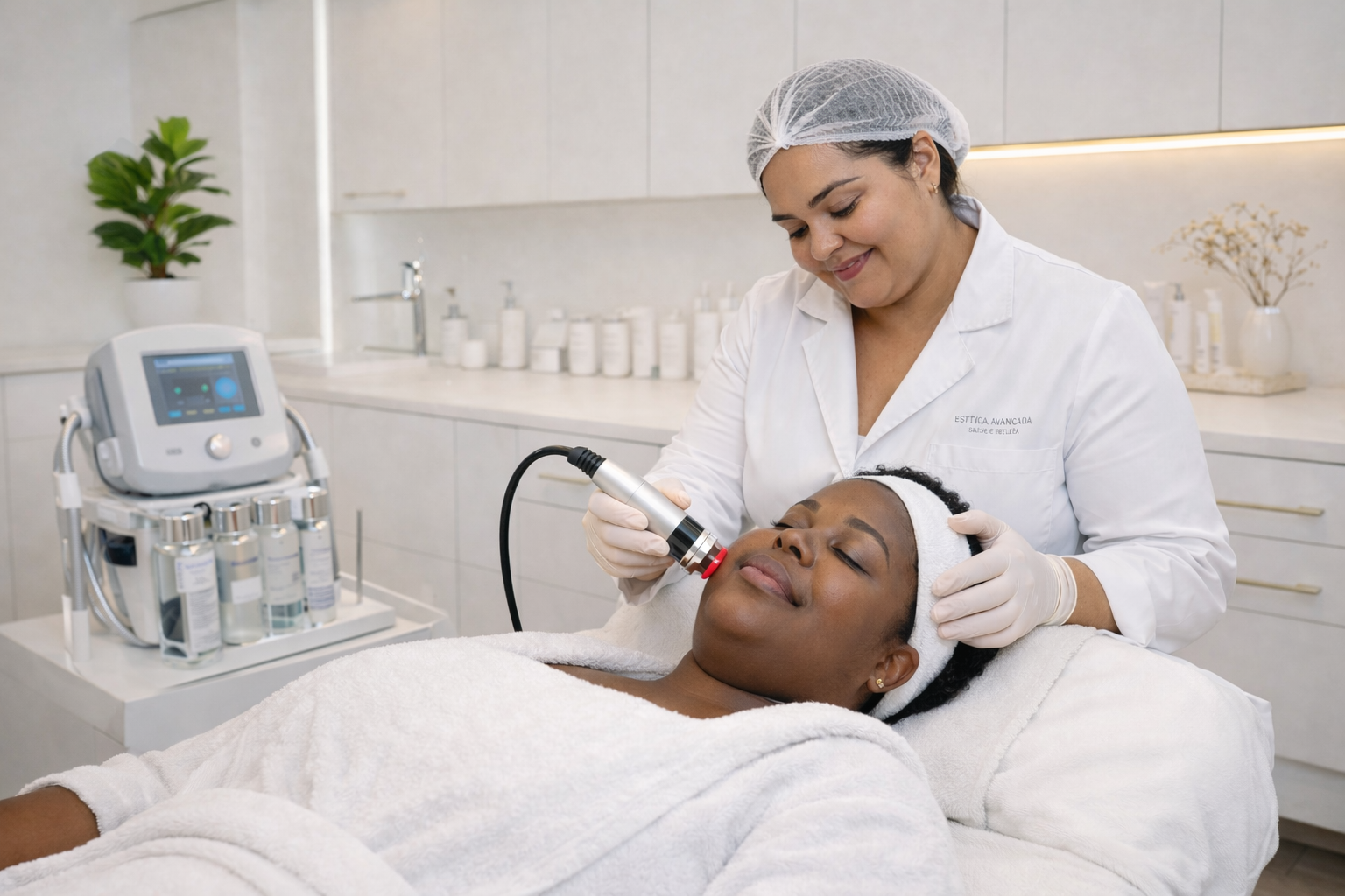 Técnica em estética realizando procedimento facial para tratamento de manchas na pele em clínica estética moderna.