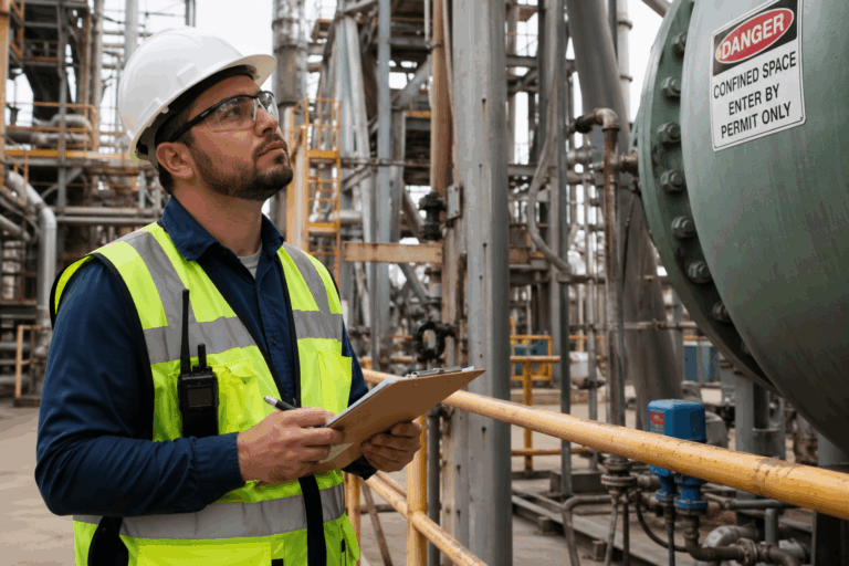 Técnico em segurança do trabalho com capacete e colete realizando inspeção em ambiente industrial para prevenção de acidentes de trabalho.